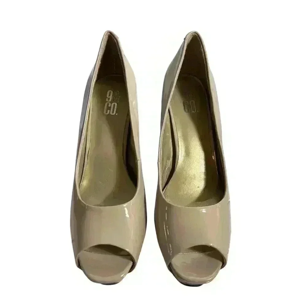 9 & Co. 10M Nude Tan Open Toe Platform Heel Shoes Classy Dressy Business Heels